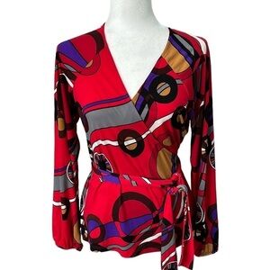 INC Blouse Faux Wrap Retro Abstract Red Size Medium Petite